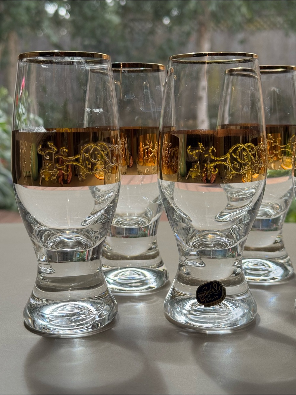 Vintage Bohemian Crystal MCM Gold Scroll Cocktail Glasses Set of 5 Ornate